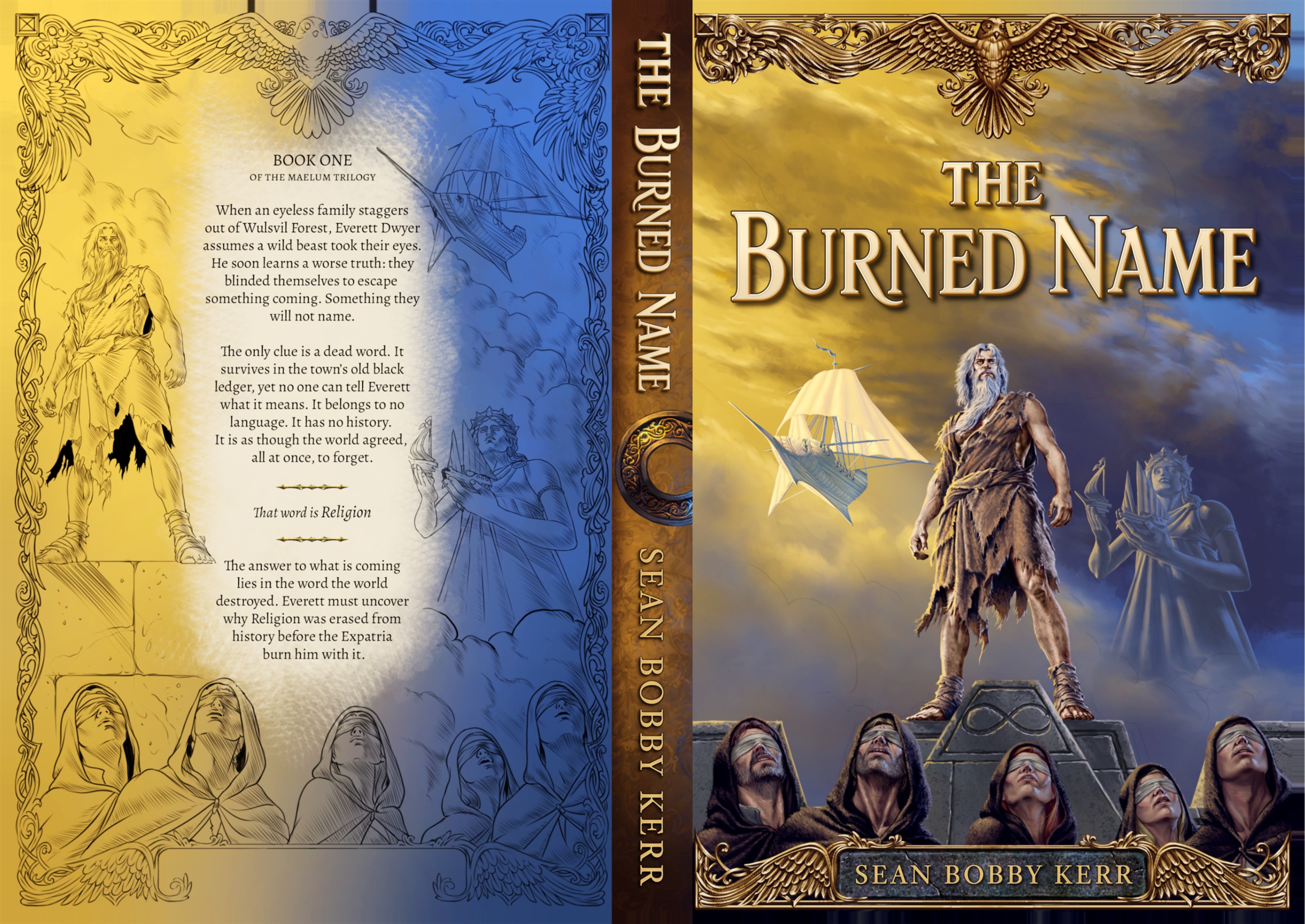 The Burned Name wraparound cover: front cover, spine, and back cover synopsis.